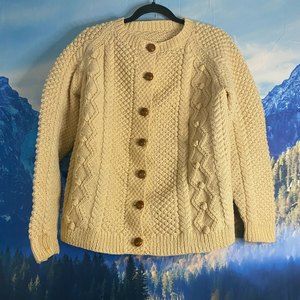 Vtg Wool Handmade Fisherman's Cable Knit Cardigan Wooden Buttons Sz SM-M